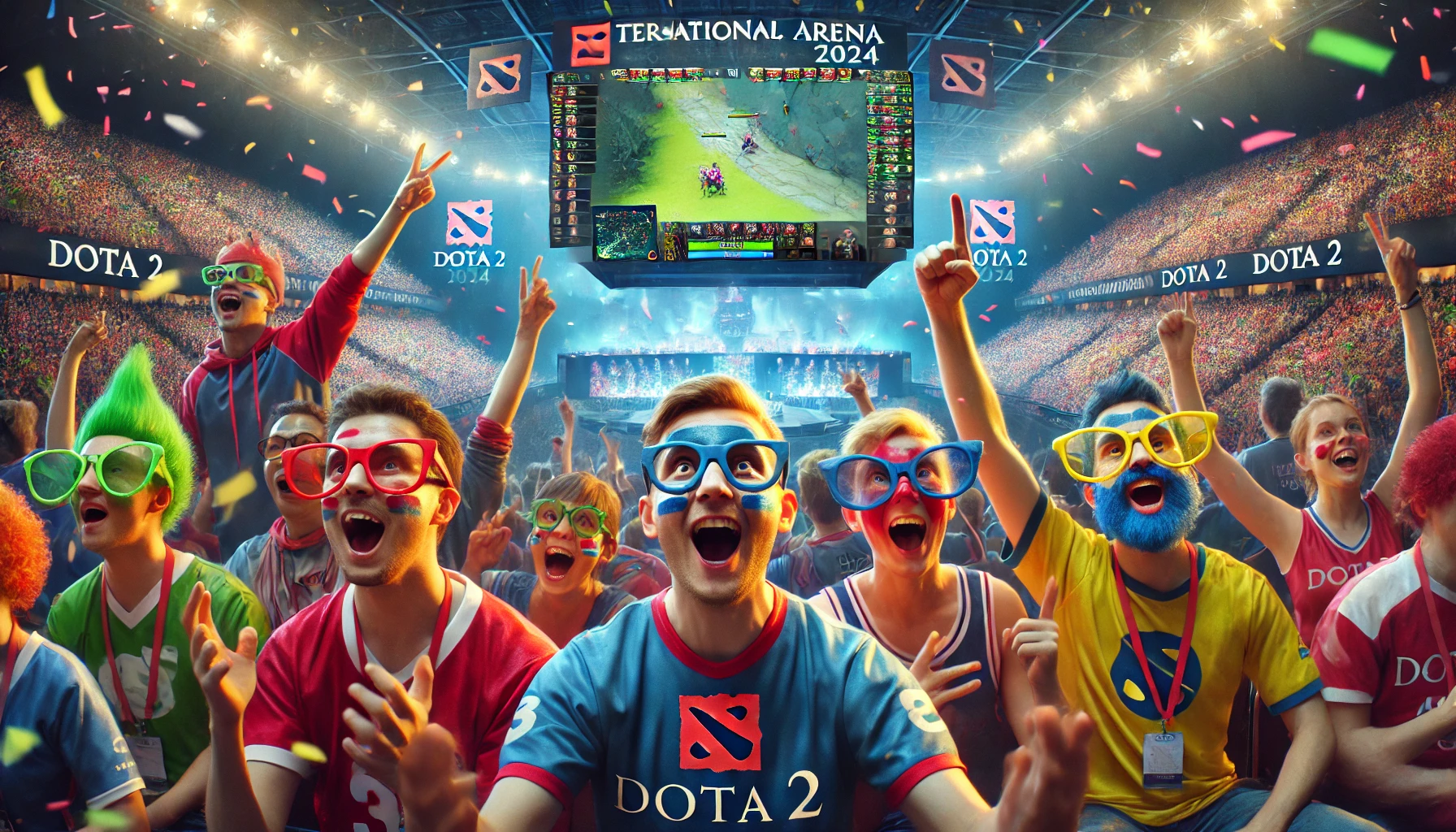 Close-up image of enthusiastic fans at The International Dota 2 2024 in Copenhagen, wearing fun Dota 2-themed accessories and holding funny signs, with the Royal Arena and gameplay screens in the background