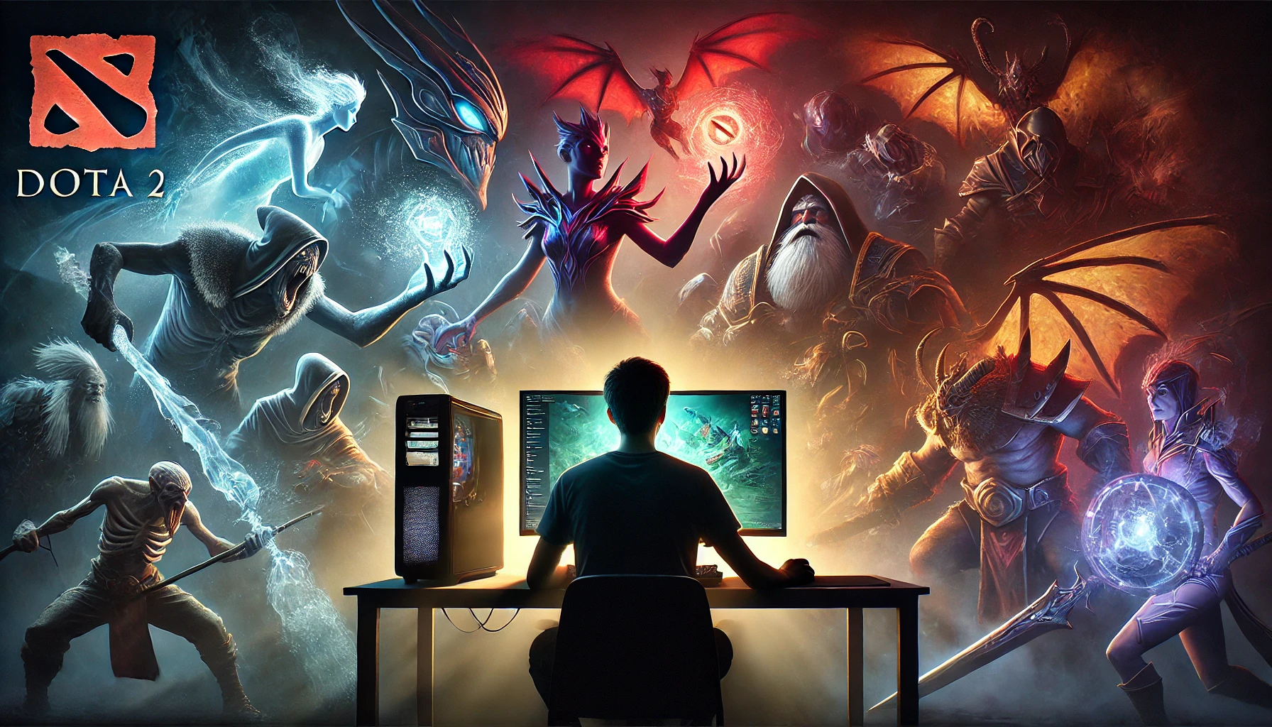 Dota 2 player sitting at a computer, surrounded by iconic Dota 2 heroes, representing a comprehensive beginner guide