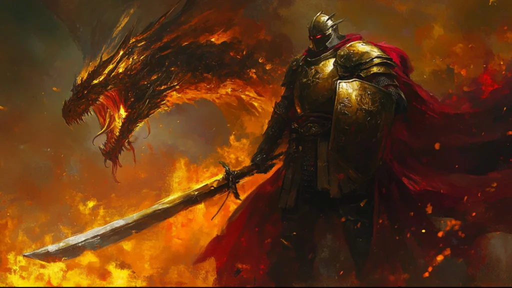 Dragon Knight from Dota 2, standing in front of a fiery dragon, holding a large sword and shield, symbolizing his strength and resilience in a beginner guide