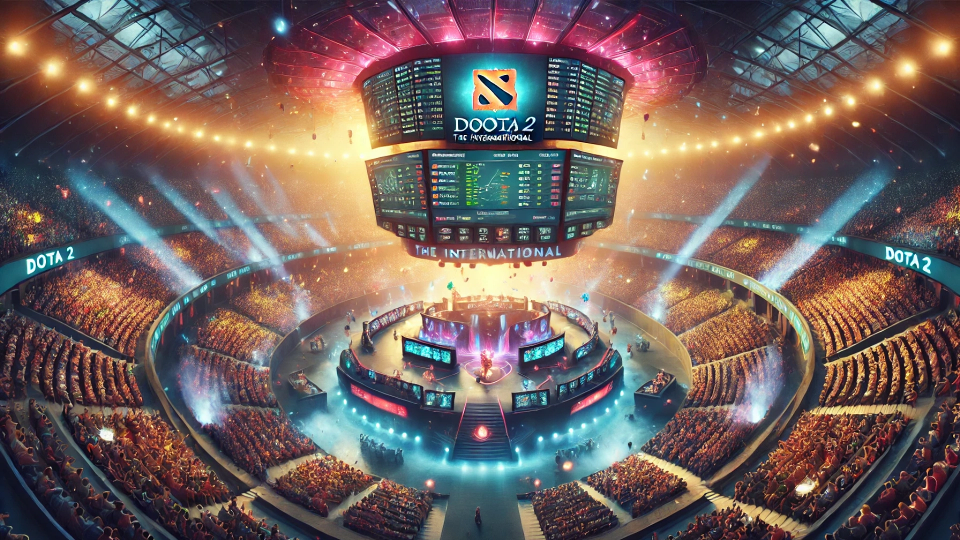 An electrifying scene from The International Dota 2 tournament, featuring a packed arena with vibrant lighting, large screens showing Dota 2 characters in action, and subtle betting elements like digital odds displays